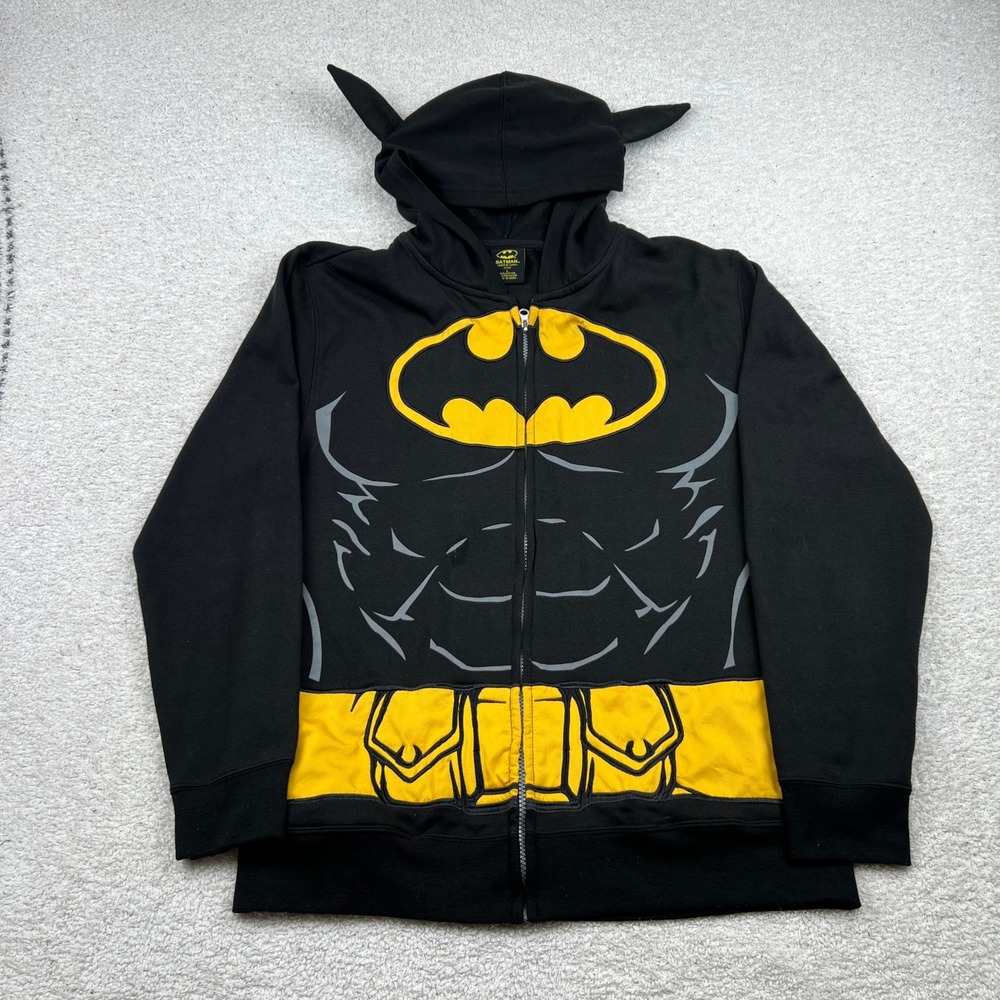 Batman Boys Full Zip Hoodie Black Yellow Bat Ears Superhero Graphic Size L